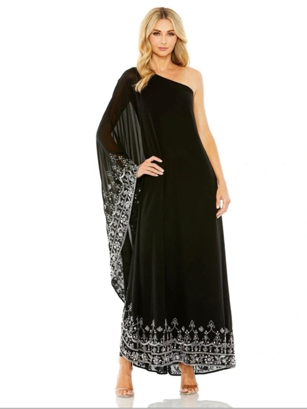 Mac Duggal Black One-Shoulder Evening Gown with Silver Embellishment